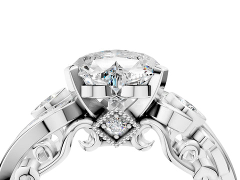 10K White Gold 4.09 Carat E VVS2 Heart Diamond Solitaire Ring with Milgrain Pavé Band and Four-Prong Setting