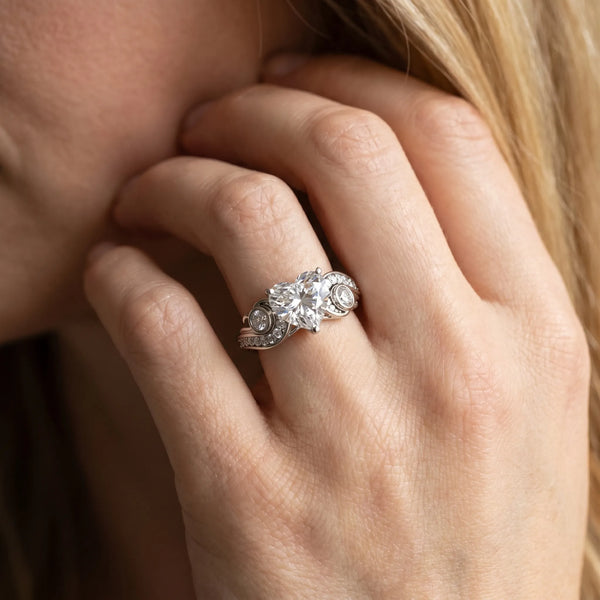 10K White Gold 4.09 Carat E VVS2 Heart Diamond Solitaire Ring with Milgrain Pavé Band and Four-Prong Setting