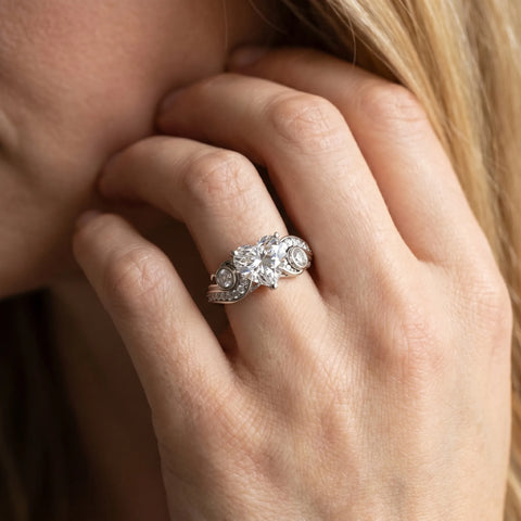 10K White Gold 4.09 Carat E VVS2 Heart Diamond Solitaire Ring with Milgrain Pavé Band and Four-Prong Setting