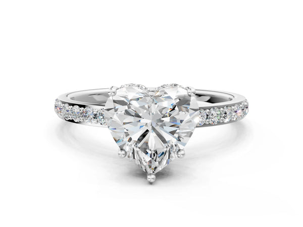 White Gold Heart-Shaped Hidden Halo Engagement Ring Setting with Pave Band