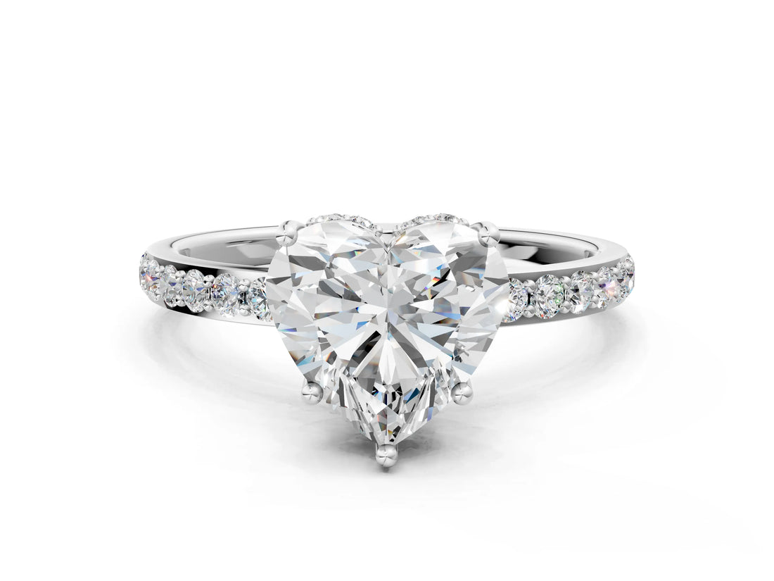 White gold Heart Cut Diamond Solitaire Ring with Pavé Band and Hidden Halo_91