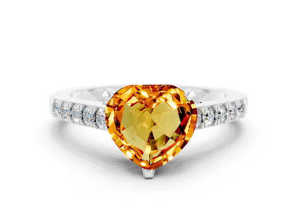 Platinum Heart Cut Citrine Solitaire Ring with Crossover Gallery and Round  Pavé Band