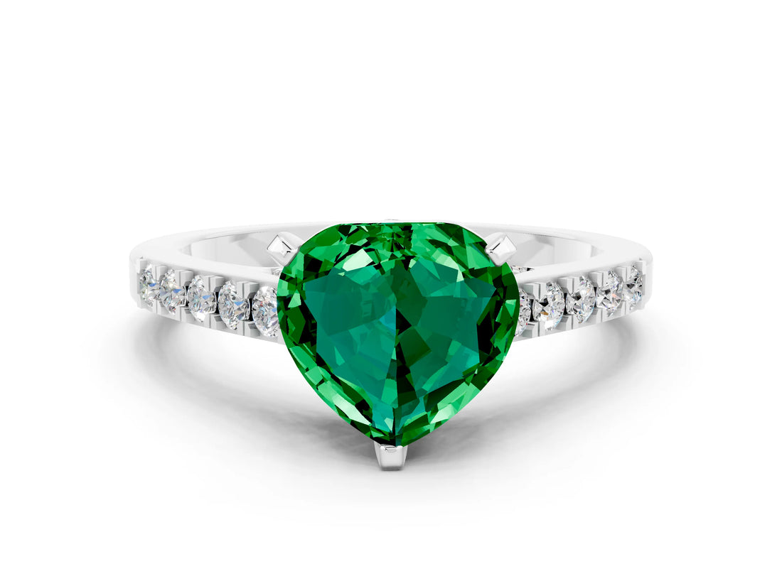 White gold Heart Cut Diamond Solitaire Ring with Pavé Band and Prong Setting