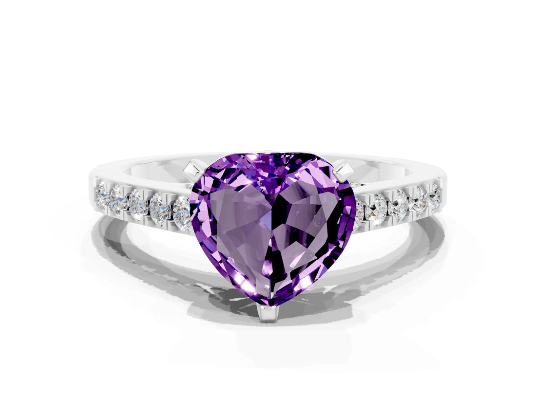 White gold Heart Cut Diamond Solitaire Ring with Pavé Band and Prong Setting