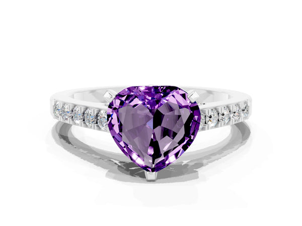 Silver Heart Cut Amethyst Solitaire Ring with Crossover Gallery and Round  Pavé Band