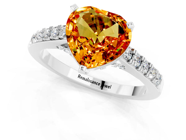 Platinum Heart Cut Citrine Solitaire Ring with Crossover Gallery and Round  Pavé Band