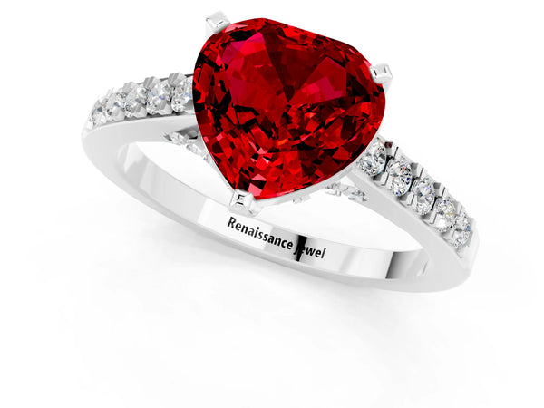 Platinum Heart Cut Ruby Solitaire Ring with Crossover Gallery and Round  Pavé Band