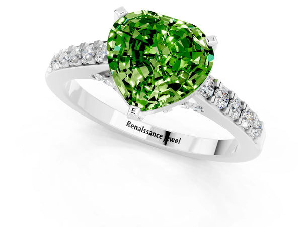 Platinum Heart Cut Peridot Solitaire Ring with Crossover Gallery and Round  Pavé Band