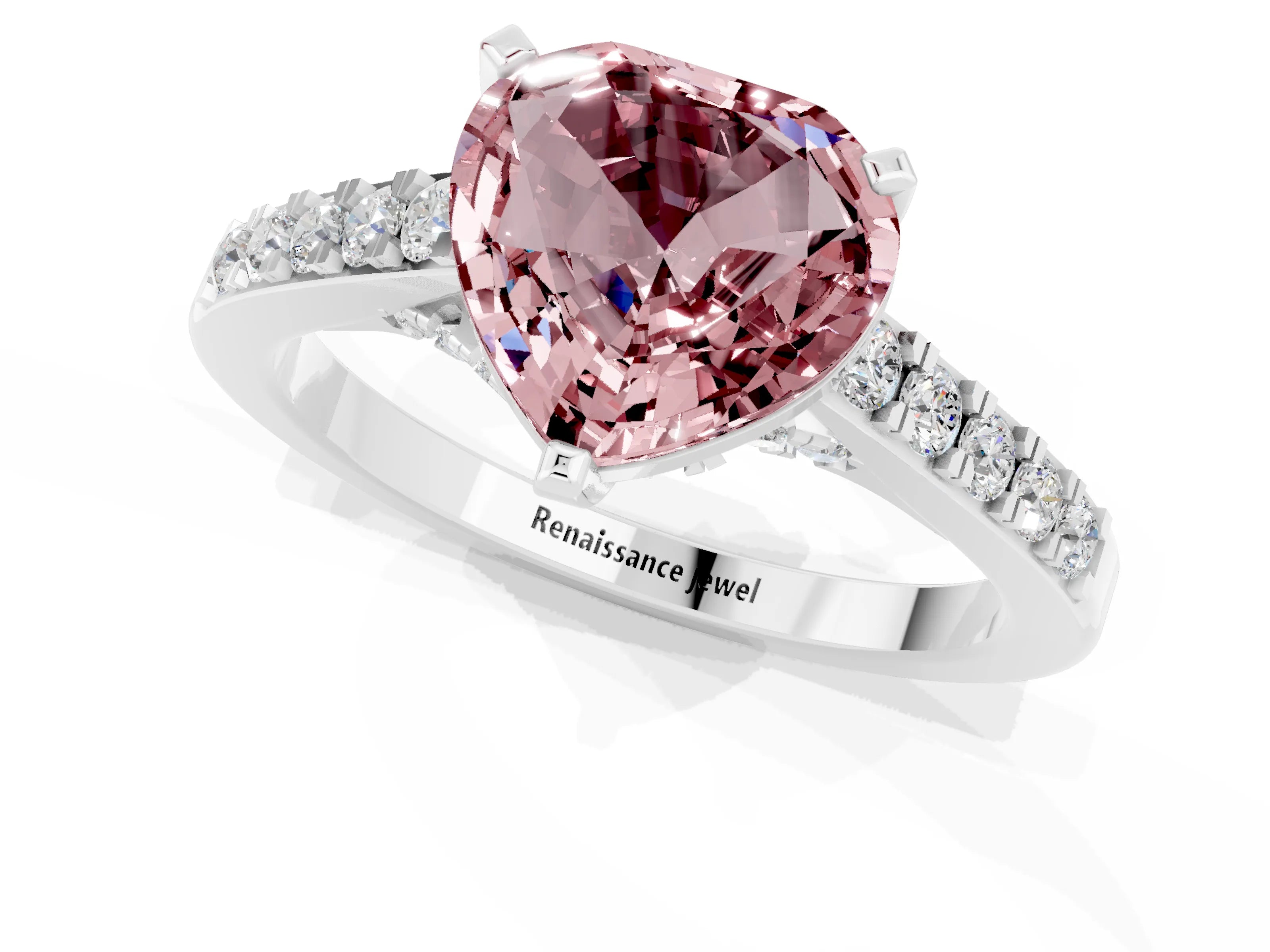 White gold Heart Cut Diamond Solitaire Ring with Pavé Band and Prong Setting_1