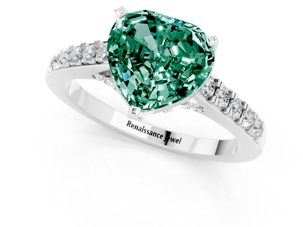 White gold Heart Cut Green Sapphire Solitaire Ring with Crossover Gallery and Round  Pavé Band