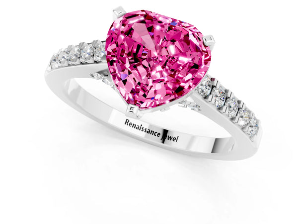 Platinum Heart Cut Pink Sapphire Solitaire Ring with Crossover Gallery and Round  Pavé Band