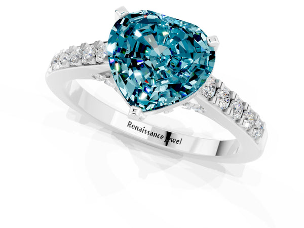 Silver Heart Cut Blue Topaz Solitaire Ring with Crossover Gallery and Round  Pavé Band