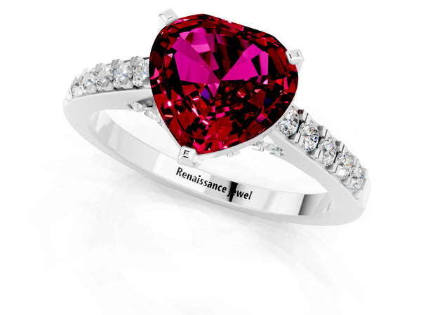 Platinum Heart Cut Garnet Solitaire Ring with Crossover Gallery and Round  Pavé Band