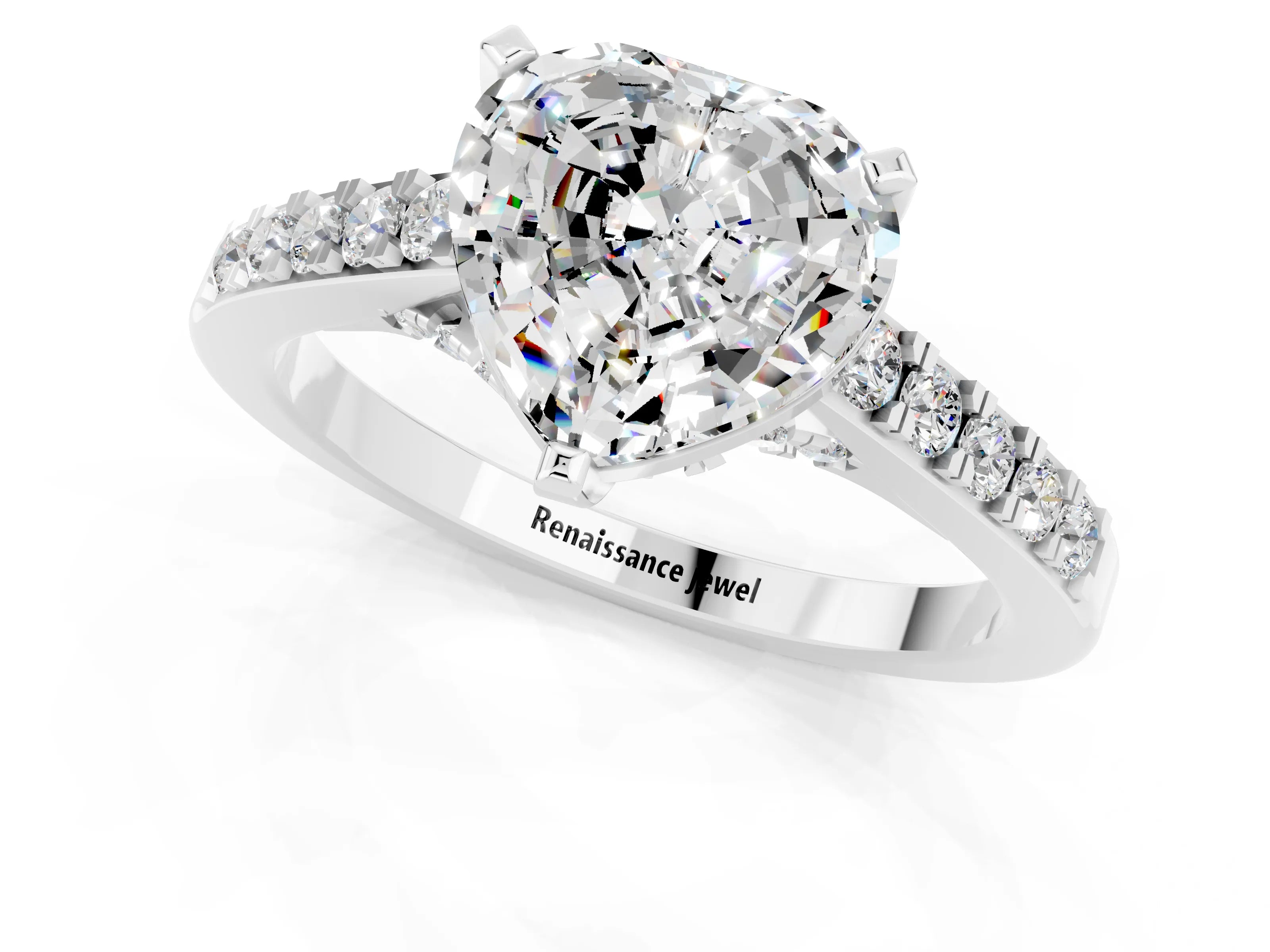 White gold Heart Cut Diamond Solitaire Ring with Pavé Band and Prong Setting_1