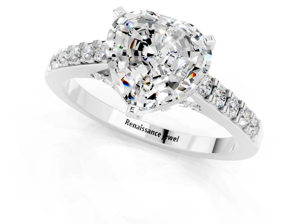 White gold Heart Cut Moissanite Solitaire Ring with Crossover Gallery and Round  Pavé Band