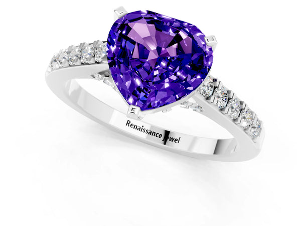 White gold Heart Cut Tanzanite Solitaire Ring with Crossover Gallery and Round  Pavé Band