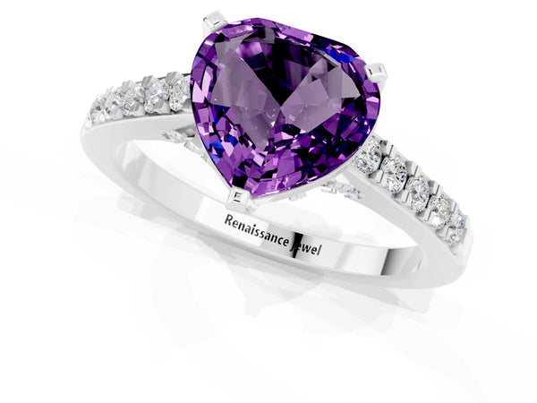 Platinum Heart Cut Amethyst Solitaire Ring with Crossover Gallery and Round  Pavé Band