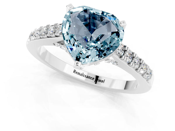 White gold Heart Cut Aquamarine Solitaire Ring with Crossover Gallery and Round  Pavé Band