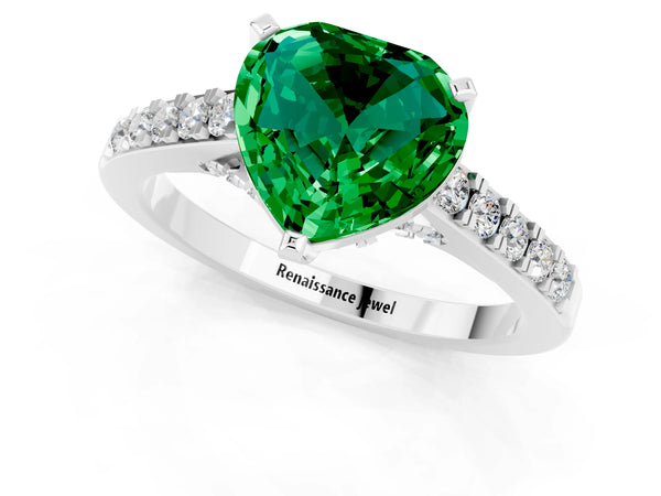 White gold Heart Cut Emerald Solitaire Ring with Crossover Gallery and Round  Pavé Band