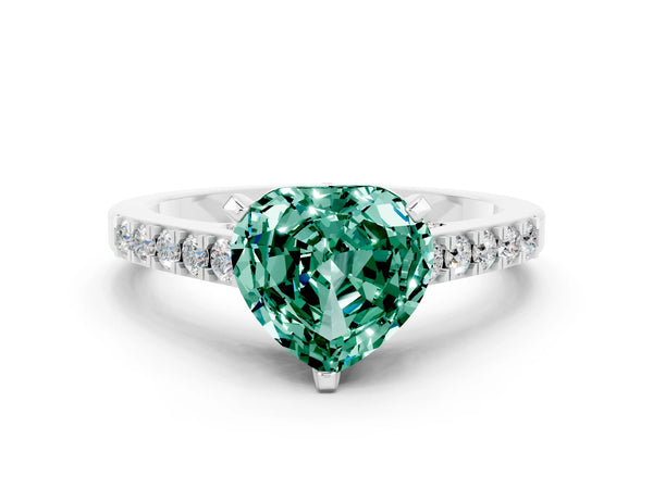 White gold Heart Cut Green Sapphire Solitaire Ring with Crossover Gallery and Round  Pavé Band