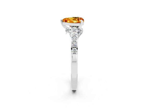Platinum Heart Cut Citrine Solitaire Ring with Crossover Gallery and Round  Pavé Band