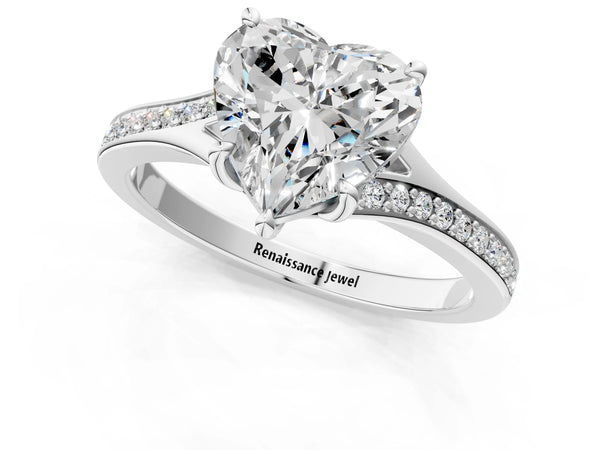 White Gold Heart-Shaped Pave Solitaire Engagement Ring Setting with Sweeping Shoulders