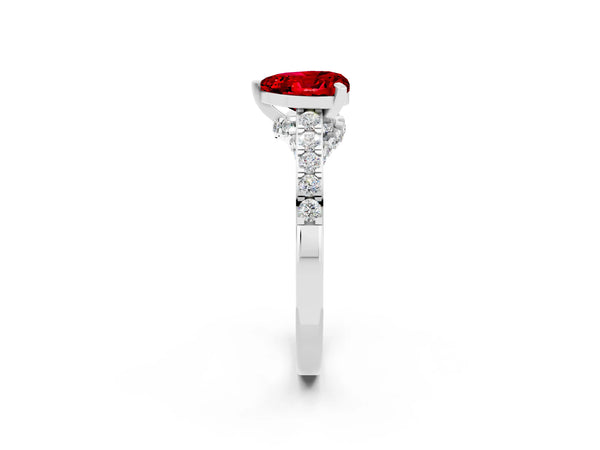 Silver Heart Cut Ruby Solitaire Ring with Crossover Gallery and Round  Pavé Band