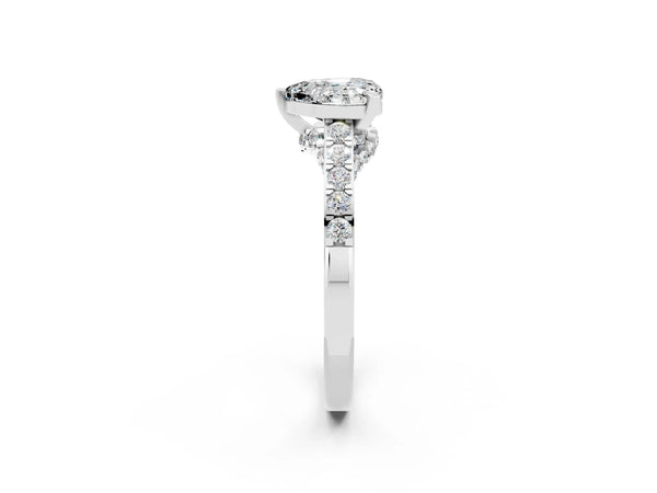 Silver Heart Cut Moissanite Solitaire Ring with Crossover Gallery and Round  Pavé Band