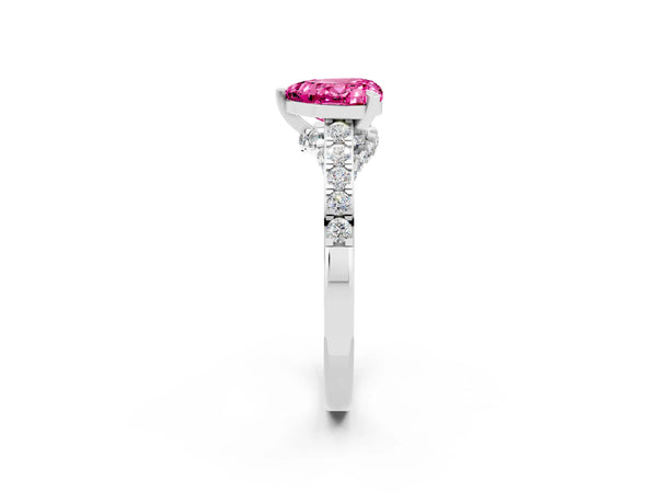 Platinum Heart Cut Pink Sapphire Solitaire Ring with Crossover Gallery and Round  Pavé Band