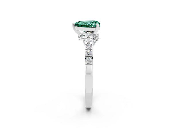 White gold Heart Cut Green Sapphire Solitaire Ring with Crossover Gallery and Round  Pavé Band