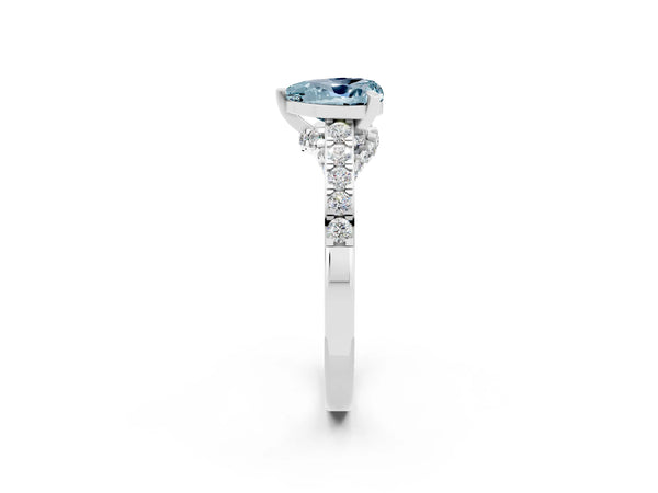 Platinum Heart Cut Aquamarine Solitaire Ring with Crossover Gallery and Round  Pavé Band