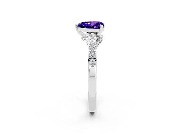 Platinum Heart Cut Tanzanite Solitaire Ring with Crossover Gallery and Round  Pavé Band