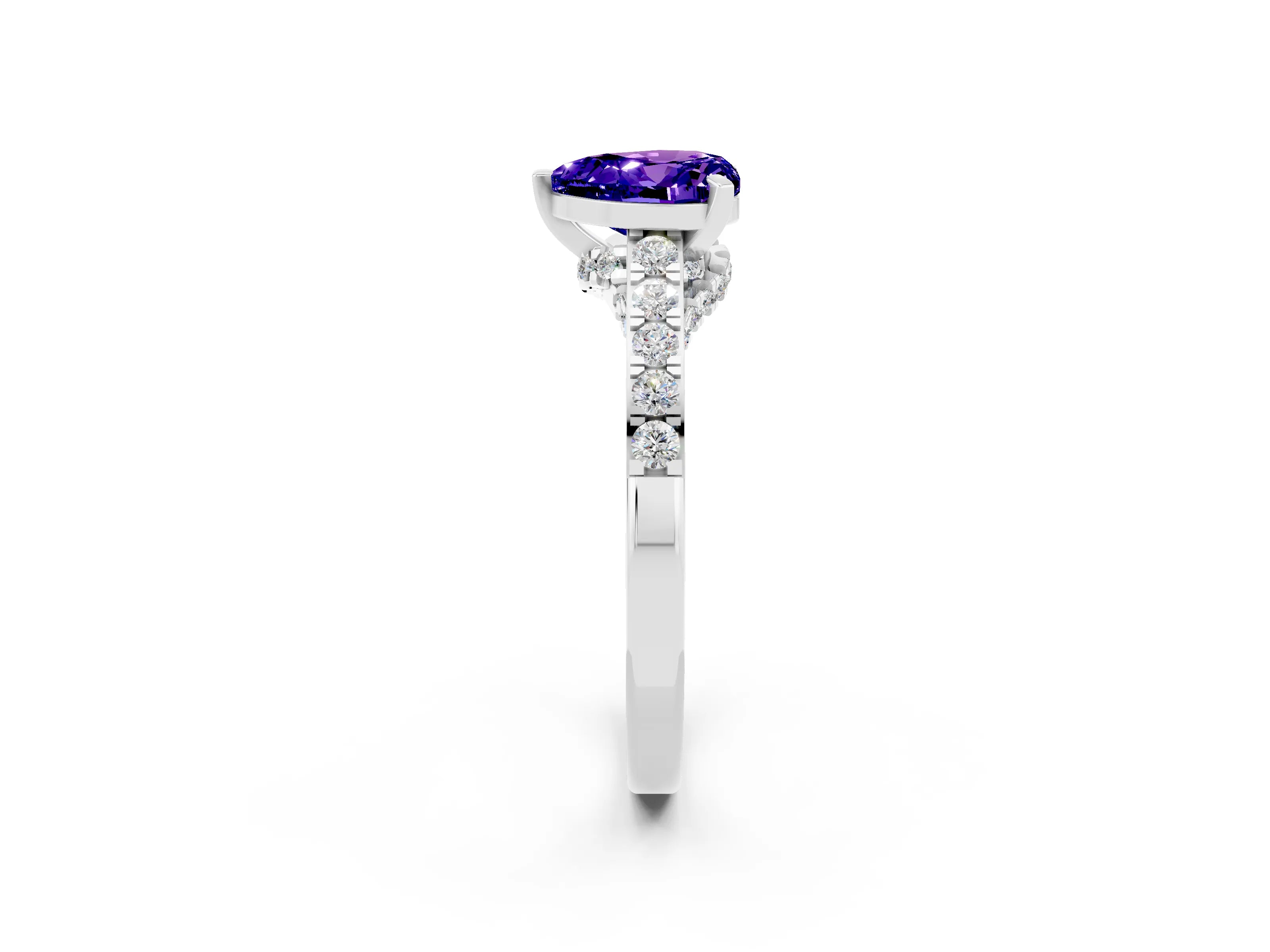 White gold Heart Cut Diamond Solitaire Ring with Pavé Band and Prong Setting_2