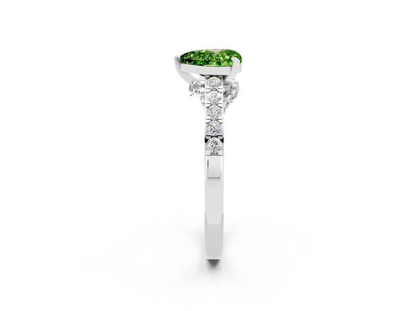 White gold Heart Cut Peridot Solitaire Ring with Crossover Gallery and Round  Pavé Band