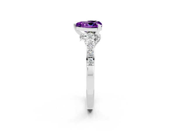 Platinum Heart Cut Amethyst Solitaire Ring with Crossover Gallery and Round  Pavé Band