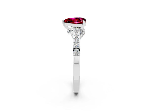 Platinum Heart Cut Garnet Solitaire Ring with Crossover Gallery and Round  Pavé Band