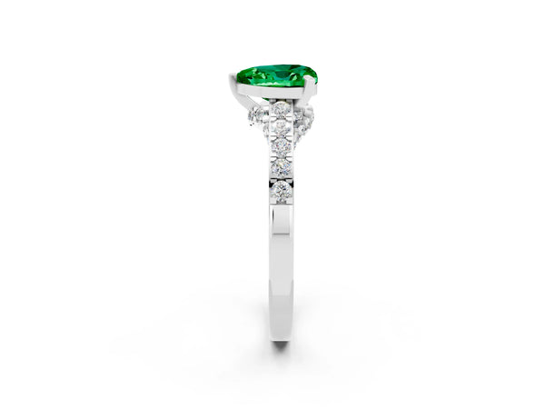 Platinum Heart Cut Emerald Solitaire Ring with Crossover Gallery and Round  Pavé Band