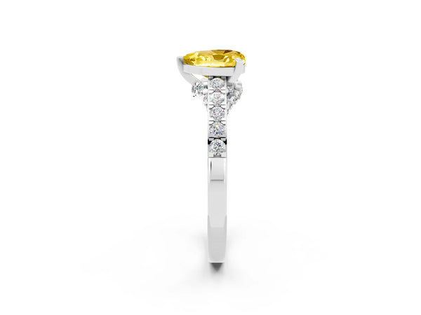 White gold Heart Cut Yellow Sapphire Solitaire Ring with Crossover Gallery and Round  Pavé Band