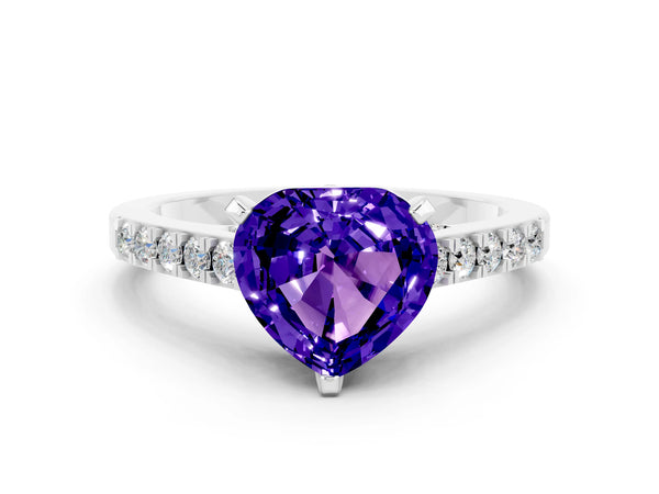 Platinum Heart Cut Tanzanite Solitaire Ring with Crossover Gallery and Round  Pavé Band