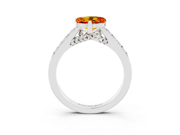 Platinum Heart Cut Citrine Solitaire Ring with Crossover Gallery and Round  Pavé Band