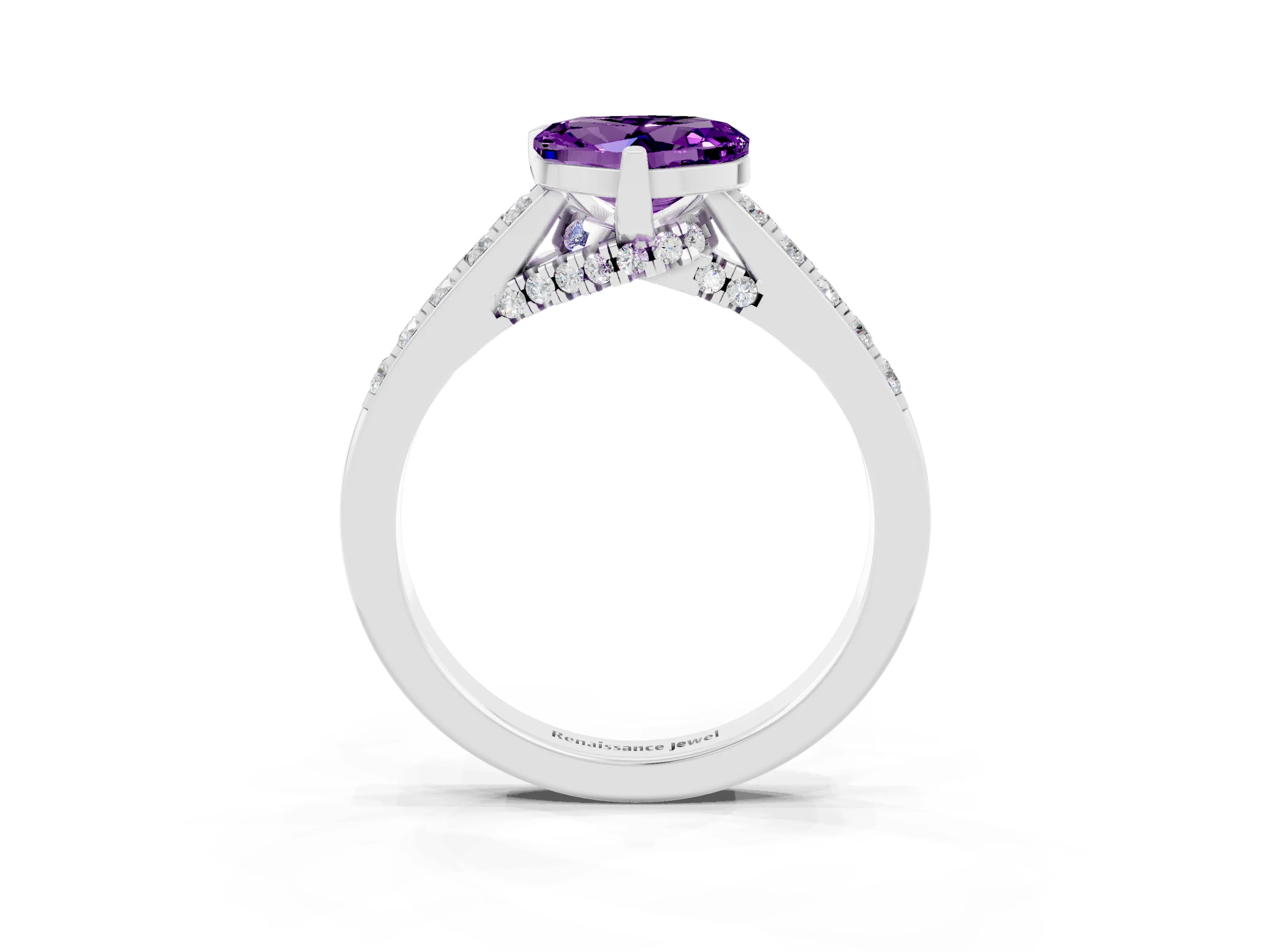 White gold Heart Cut Diamond Solitaire Ring with Pavé Band and Prong Setting_3