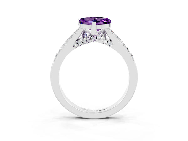 Platinum Heart Cut Amethyst Solitaire Ring with Crossover Gallery and Round  Pavé Band
