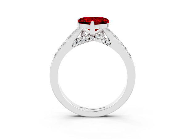 Silver Heart Cut Ruby Solitaire Ring with Crossover Gallery and Round  Pavé Band