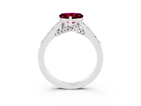 Platinum Heart Cut Garnet Solitaire Ring with Crossover Gallery and Round  Pavé Band