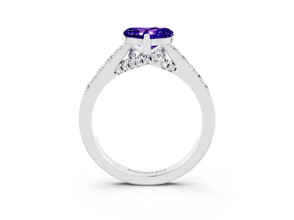 Silver Heart Cut Tanzanite Solitaire Ring with Crossover Gallery and Round  Pavé Band