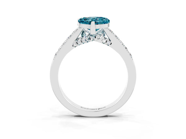 Silver Heart Cut Blue Topaz Solitaire Ring with Crossover Gallery and Round  Pavé Band