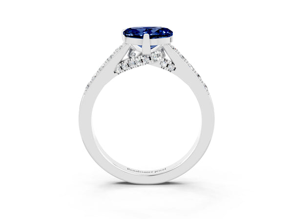 Platinum Heart Cut Blue Sapphire Solitaire Ring with Crossover Gallery and Round  Pavé Band