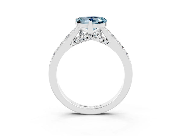Silver Heart Cut Aquamarine Solitaire Ring with Crossover Gallery and Round  Pavé Band