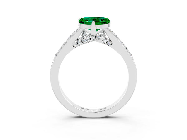 Platinum Heart Cut Emerald Solitaire Ring with Crossover Gallery and Round  Pavé Band