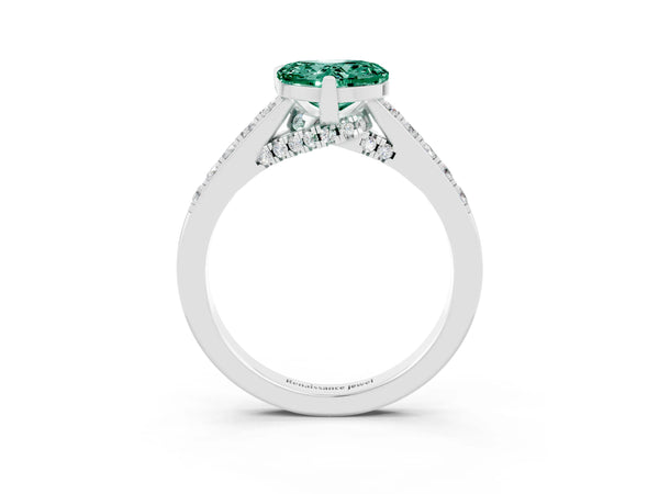 White gold Heart Cut Green Sapphire Solitaire Ring with Crossover Gallery and Round  Pavé Band